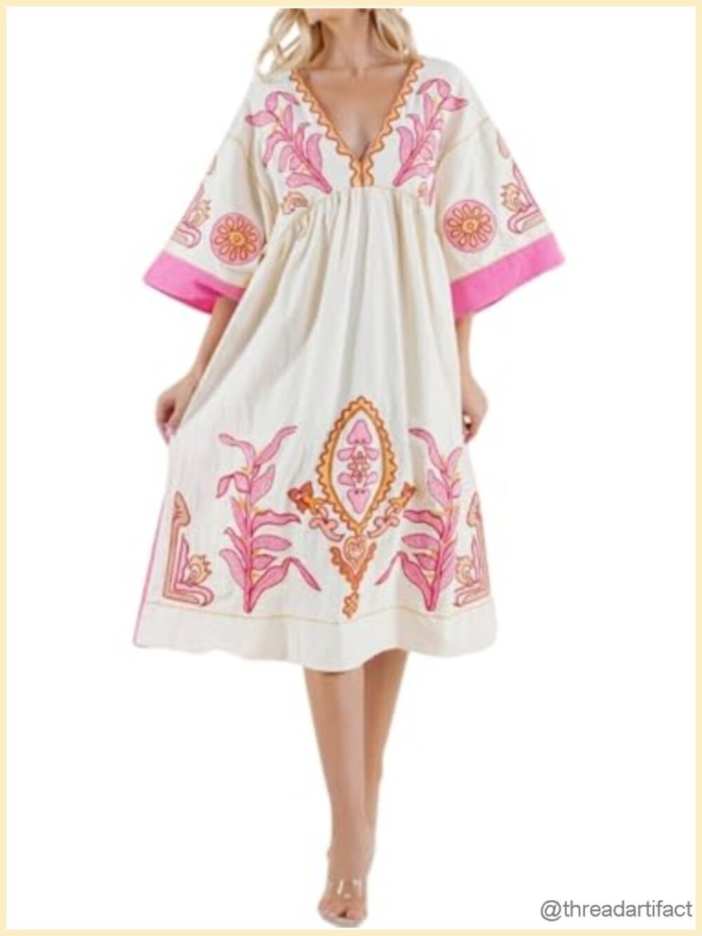 Oversized Floral Embroidered Long Dress V-Neck 3/4 Sleeves Babydoll Style